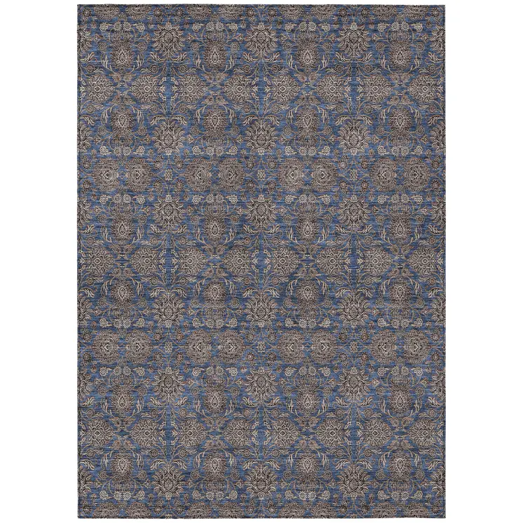 10' X 14' Navy Blue Beige And Taupe Floral Washable Indoor Outdoor Area Rug