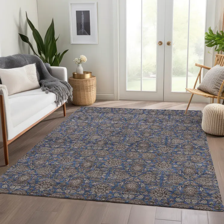 10' X 14' Navy Blue Beige And Taupe Floral Washable Indoor Outdoor Area Rug