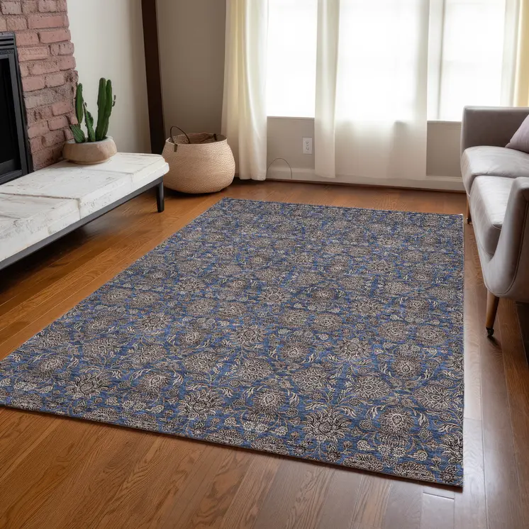10' X 14' Navy Blue Beige And Taupe Floral Washable Indoor Outdoor Area Rug