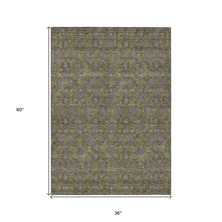3' X 5' Olive Green Beige And Taupe Floral Washable Indoor Outdoor Area Rug
