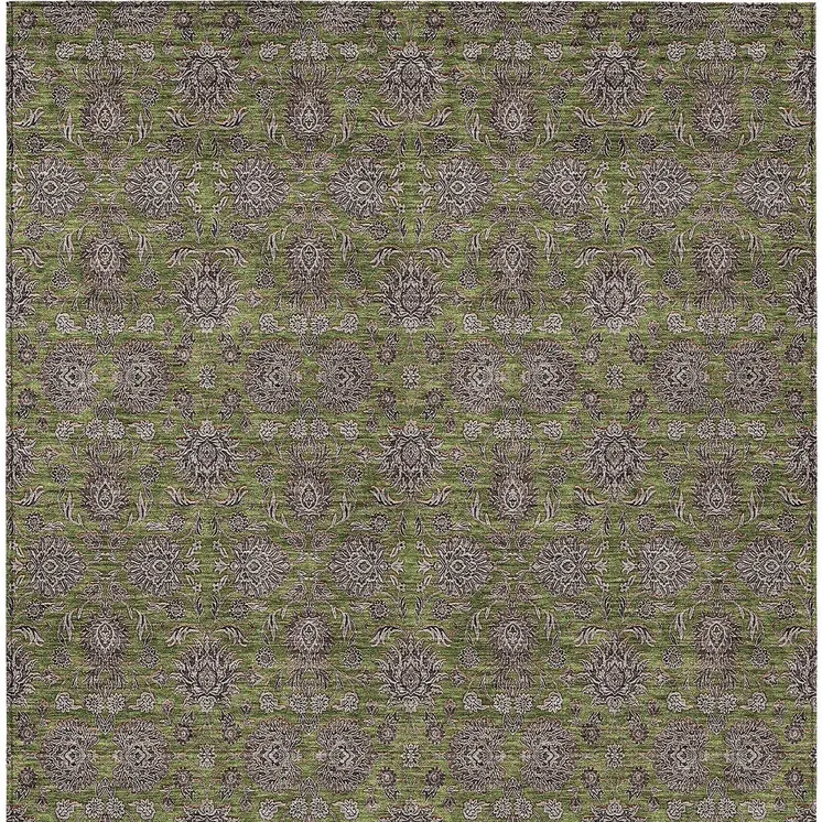 5' X 8' Olive Green Beige And Taupe Floral Washable Indoor Outdoor Area Rug