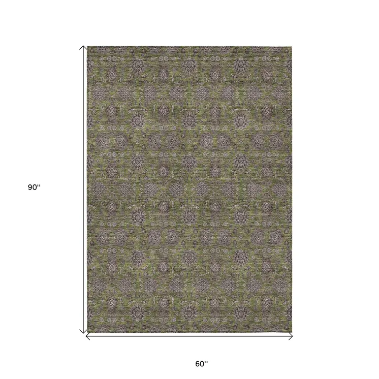 5' X 8' Olive Green Beige And Taupe Floral Washable Indoor Outdoor Area Rug