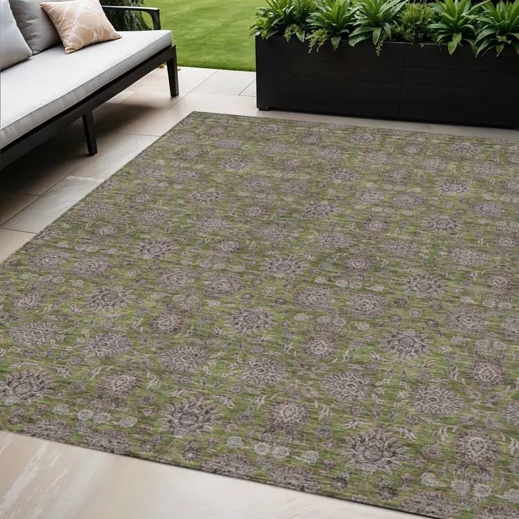 5' X 8' Olive Green Beige And Taupe Floral Washable Indoor Outdoor Area Rug