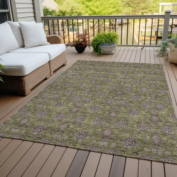 5' X 8' Olive Green Beige And Taupe Floral Washable Indoor Outdoor Area Rug