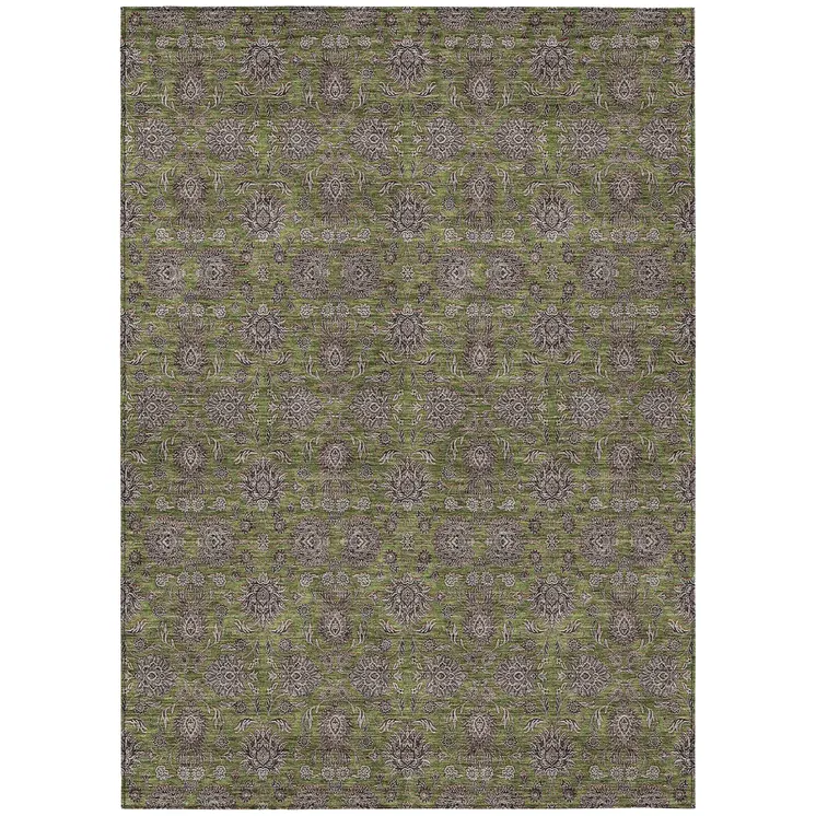 5' X 8' Olive Green Beige And Taupe Floral Washable Indoor Outdoor Area Rug
