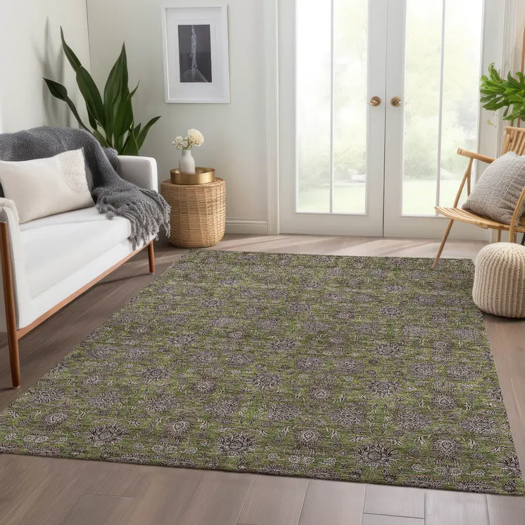 5' X 8' Olive Green Beige And Taupe Floral Washable Indoor Outdoor Area Rug
