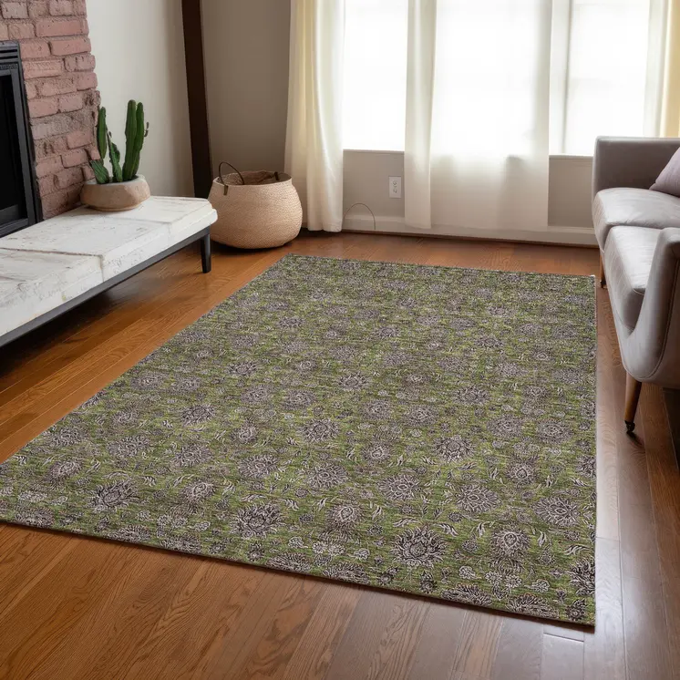 5' X 8' Olive Green Beige And Taupe Floral Washable Indoor Outdoor Area Rug