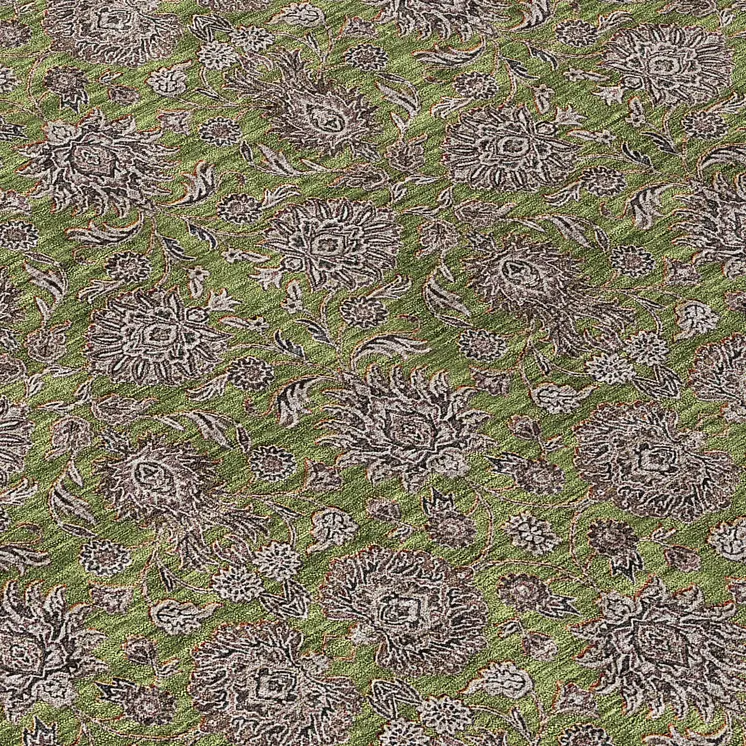 8' Olive Green Beige And Taupe Round Floral Washable Indoor Outdoor Area Rug