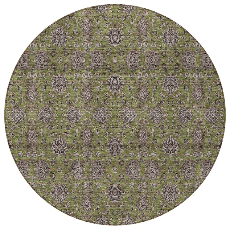 8' Olive Green Beige And Taupe Round Floral Washable Indoor Outdoor Area Rug