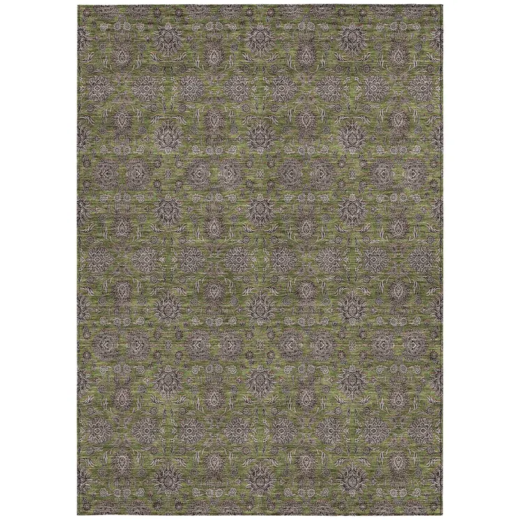 8' X 10' Olive Green Beige And Taupe Floral Washable Indoor Outdoor Area Rug