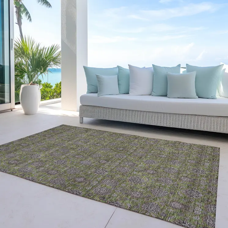 8' X 10' Olive Green Beige And Taupe Floral Washable Indoor Outdoor Area Rug