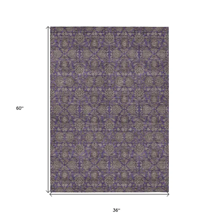 3' X 5' Purple Beige And Taupe Floral Washable Indoor Outdoor Area Rug