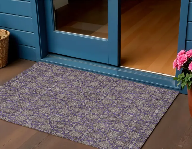 3' X 5' Purple Beige And Taupe Floral Washable Indoor Outdoor Area Rug