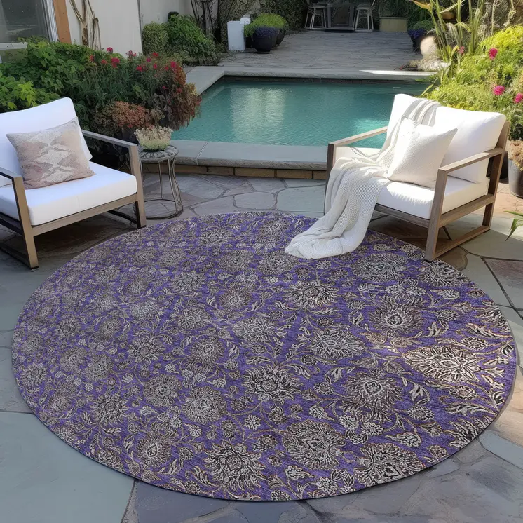 8' Purple Beige And Taupe Round Floral Washable Indoor Outdoor Area Rug