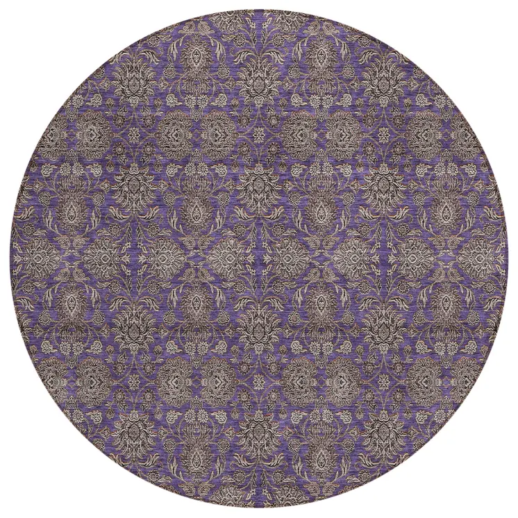 8' Purple Beige And Taupe Round Floral Washable Indoor Outdoor Area Rug