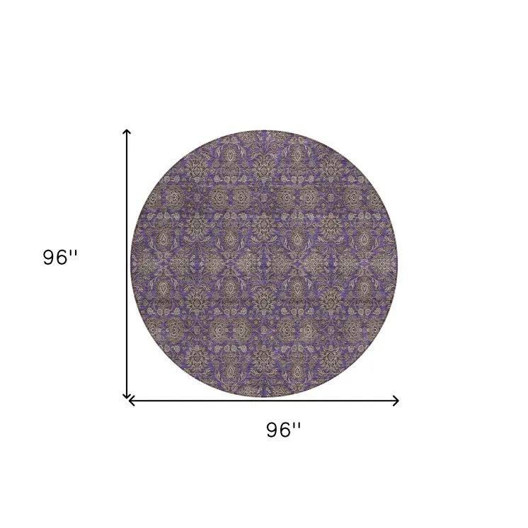 8' Purple Beige And Taupe Round Floral Washable Indoor Outdoor Area Rug