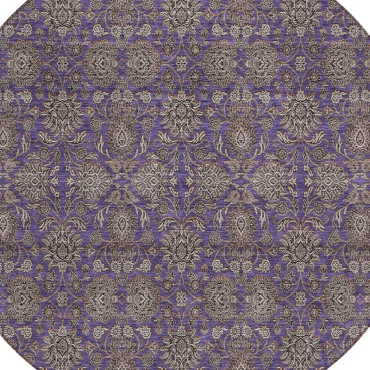 8' Purple Beige And Taupe Round Floral Washable Indoor Outdoor Area Rug