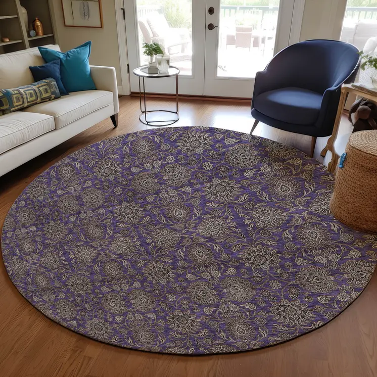 8' Purple Beige And Taupe Round Floral Washable Indoor Outdoor Area Rug