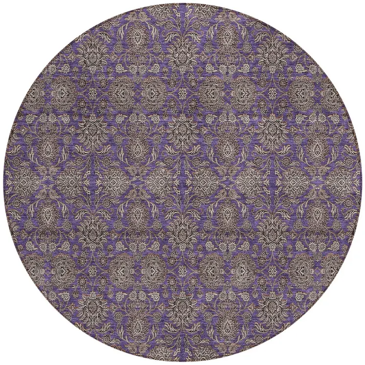 8' Purple Beige And Taupe Round Floral Washable Indoor Outdoor Area Rug