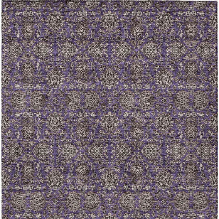 9' X 12' Purple Beige And Taupe Floral Washable Indoor Outdoor Area Rug