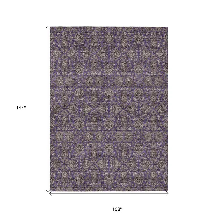 9' X 12' Purple Beige And Taupe Floral Washable Indoor Outdoor Area Rug
