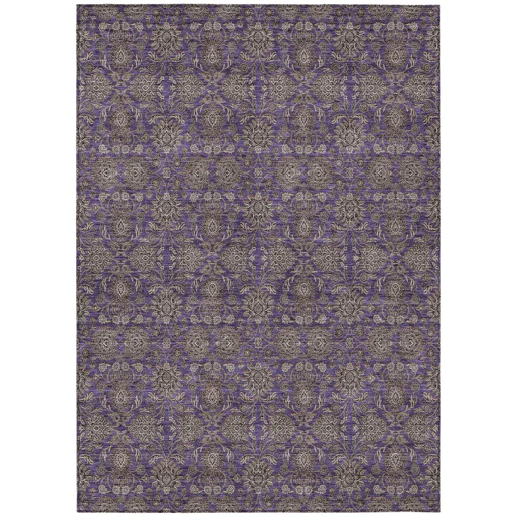 9' X 12' Purple Beige And Taupe Floral Washable Indoor Outdoor Area Rug