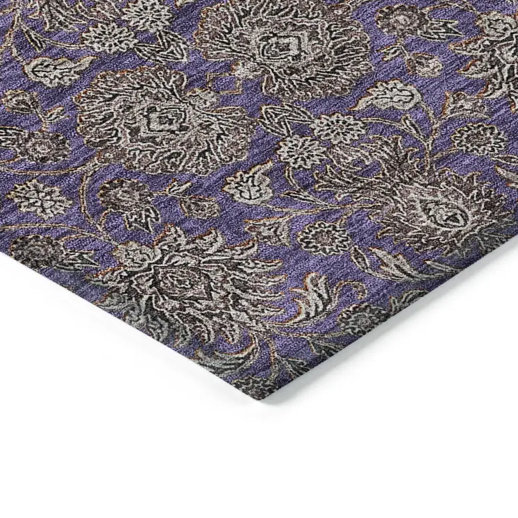 9' X 12' Purple Beige And Taupe Floral Washable Indoor Outdoor Area Rug