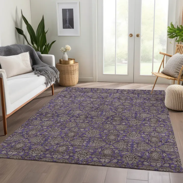 9' X 12' Purple Beige And Taupe Floral Washable Indoor Outdoor Area Rug
