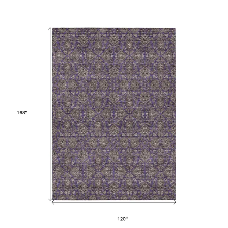 10' X 14' Purple Beige And Taupe Floral Washable Indoor Outdoor Area Rug