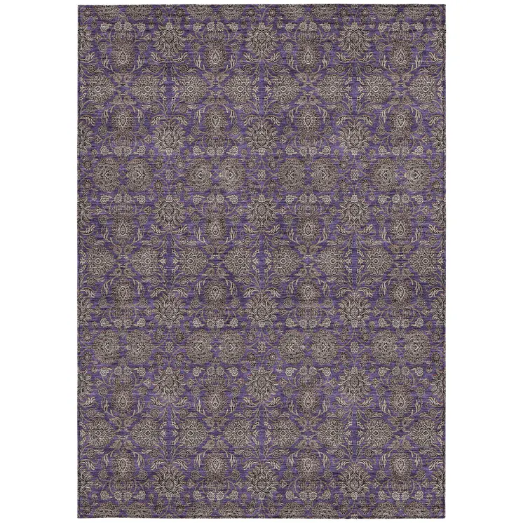 10' X 14' Purple Beige And Taupe Floral Washable Indoor Outdoor Area Rug