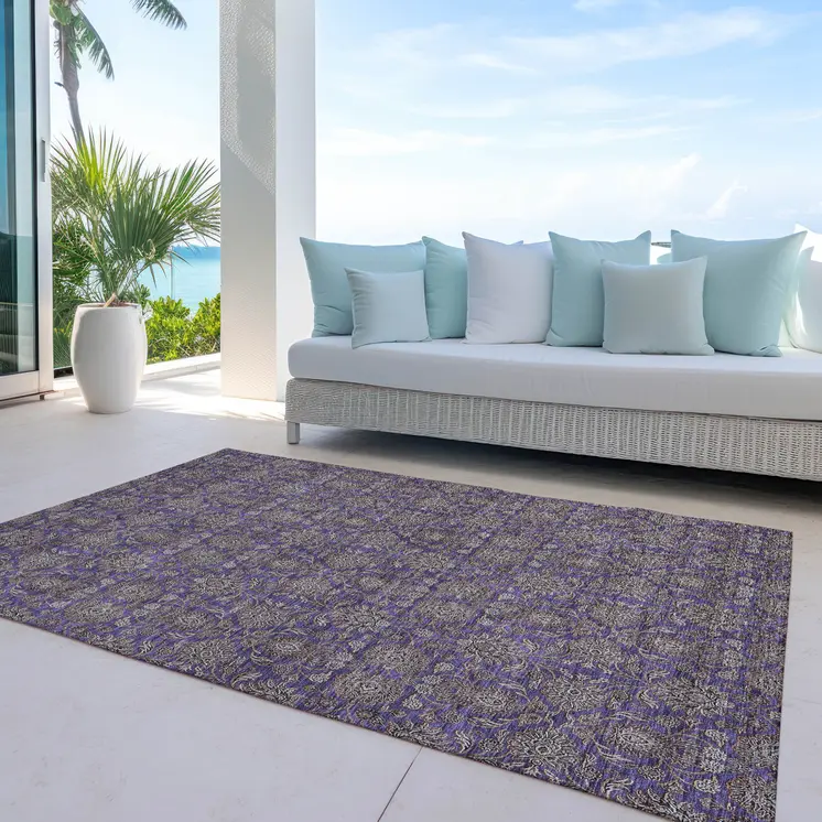 10' X 14' Purple Beige And Taupe Floral Washable Indoor Outdoor Area Rug