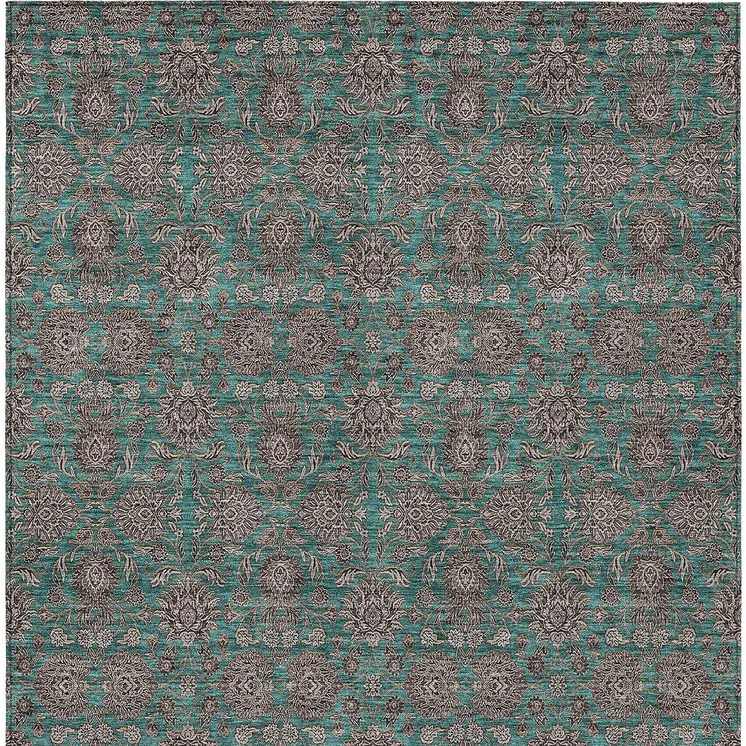 5' X 8' Teal Blue Beige And Taupe Floral Washable Indoor Outdoor Area Rug