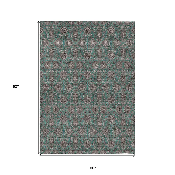 5' X 8' Teal Blue Beige And Taupe Floral Washable Indoor Outdoor Area Rug