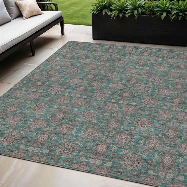 5' X 8' Teal Blue Beige And Taupe Floral Washable Indoor Outdoor Area Rug