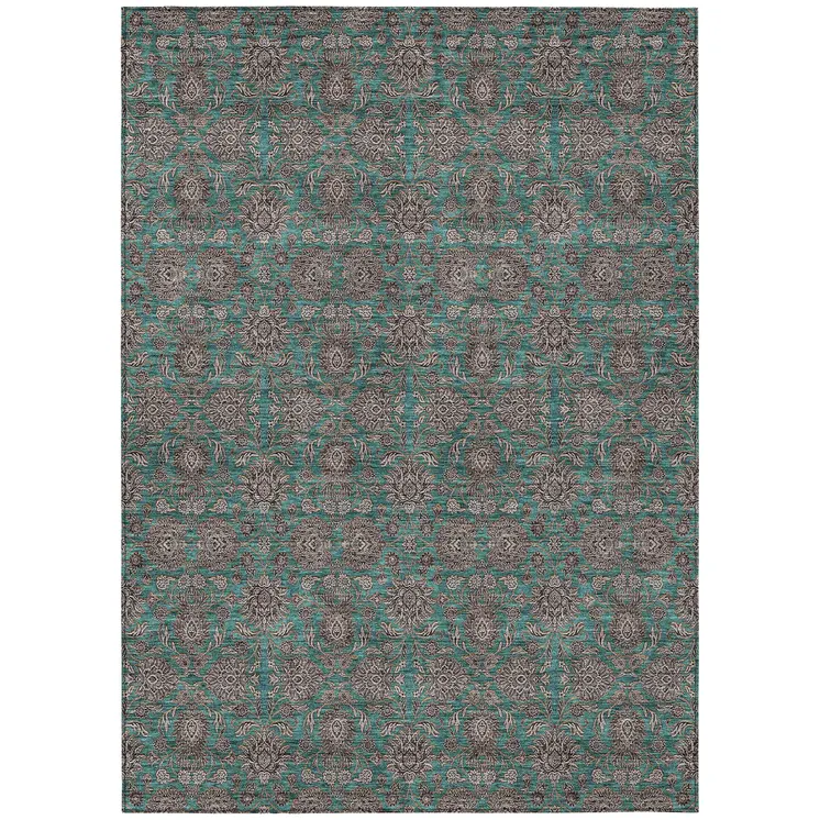 5' X 8' Teal Blue Beige And Taupe Floral Washable Indoor Outdoor Area Rug