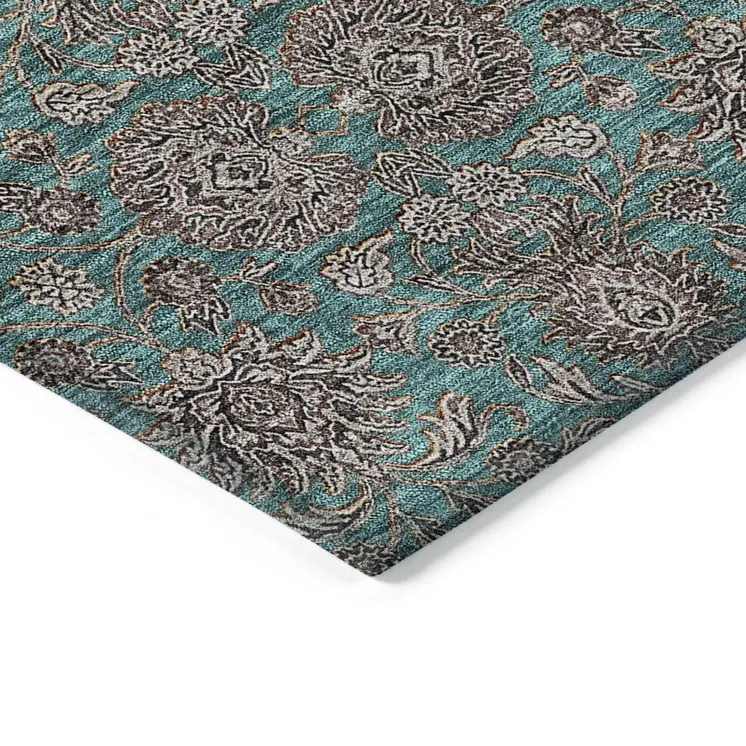 5' X 8' Teal Blue Beige And Taupe Floral Washable Indoor Outdoor Area Rug