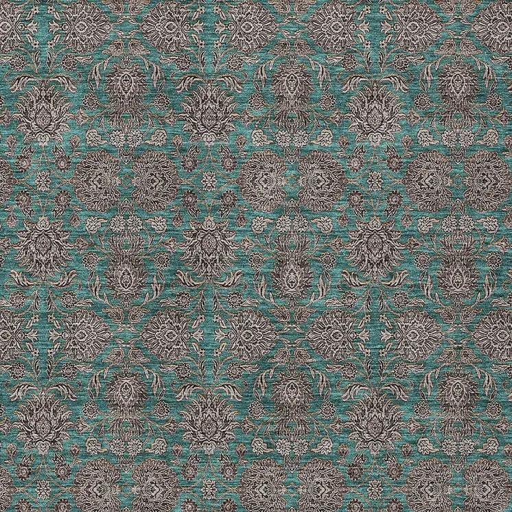 5' X 8' Teal Blue Beige And Taupe Floral Washable Indoor Outdoor Area Rug