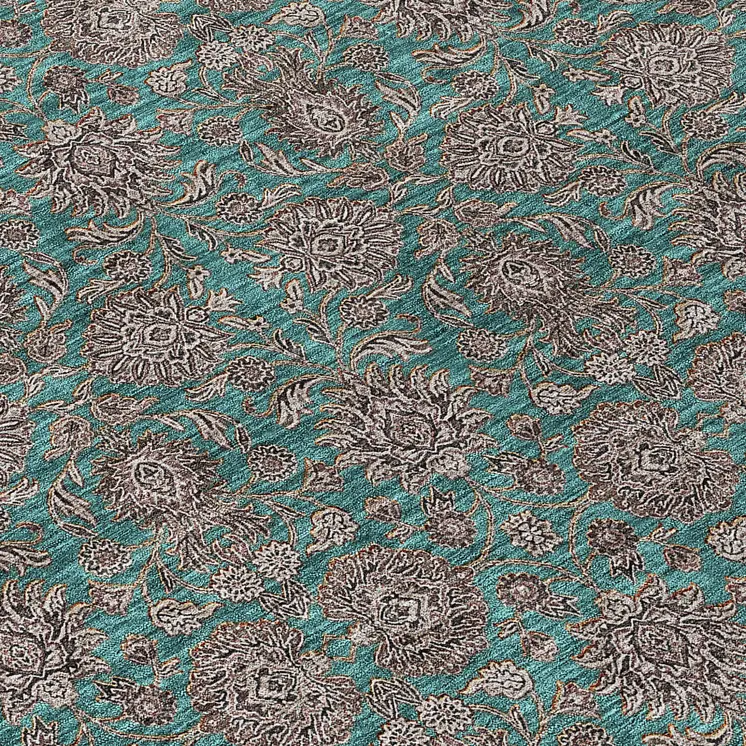 5' X 8' Teal Blue Beige And Taupe Floral Washable Indoor Outdoor Area Rug