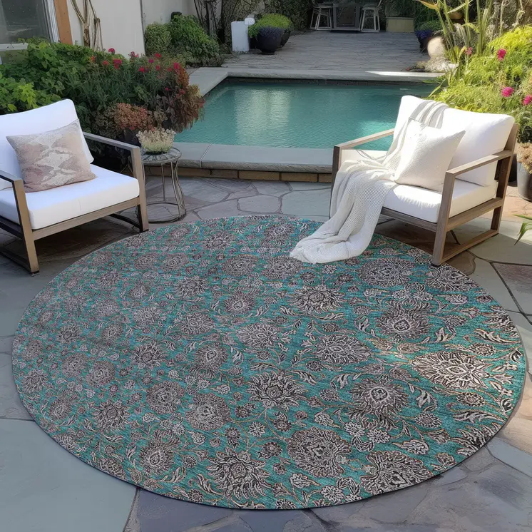 8' Teal Blue Beige And Taupe Round Floral Washable Indoor Outdoor Area Rug