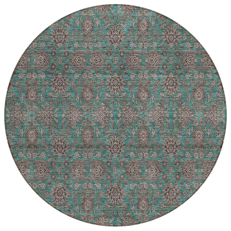 8' Teal Blue Beige And Taupe Round Floral Washable Indoor Outdoor Area Rug