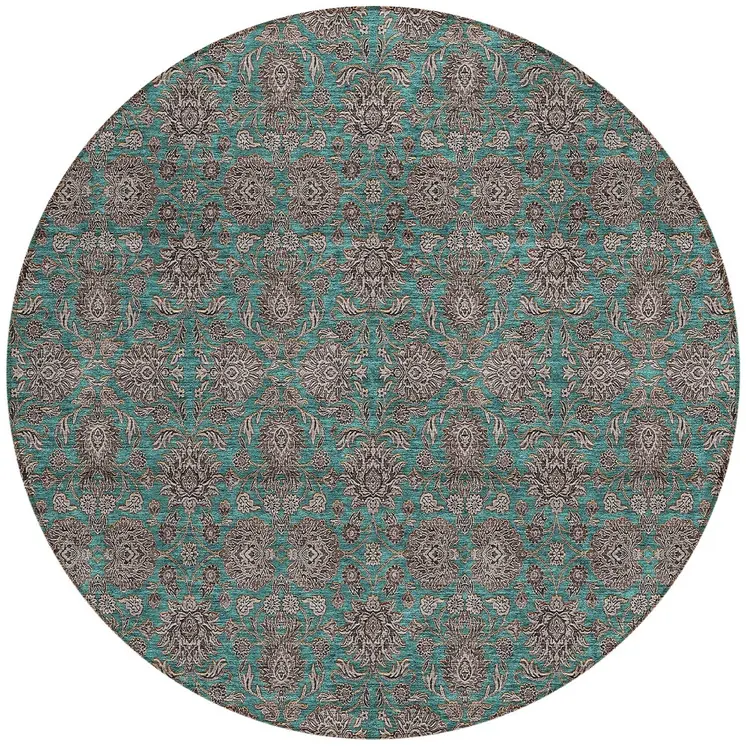 8' Teal Blue Beige And Taupe Round Floral Washable Indoor Outdoor Area Rug