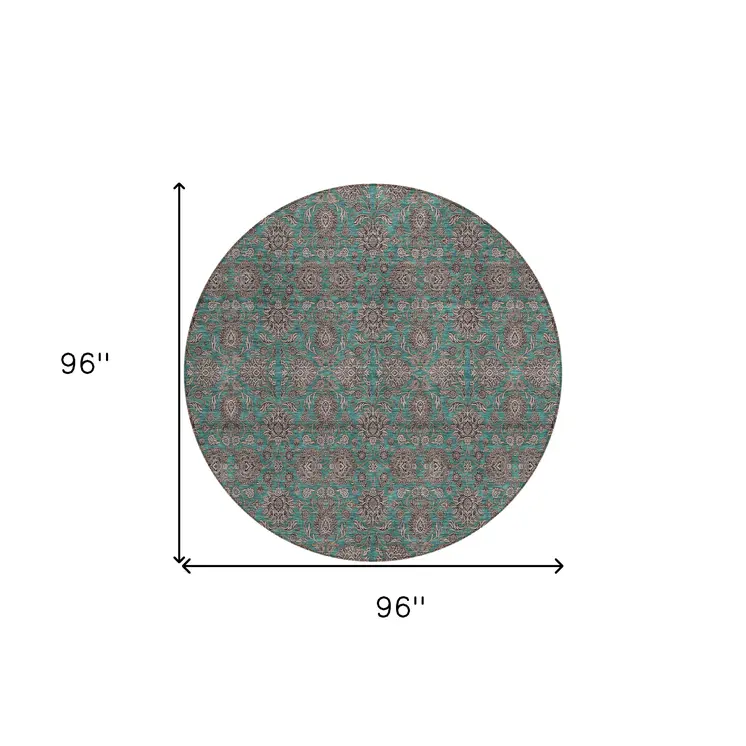 8' Teal Blue Beige And Taupe Round Floral Washable Indoor Outdoor Area Rug