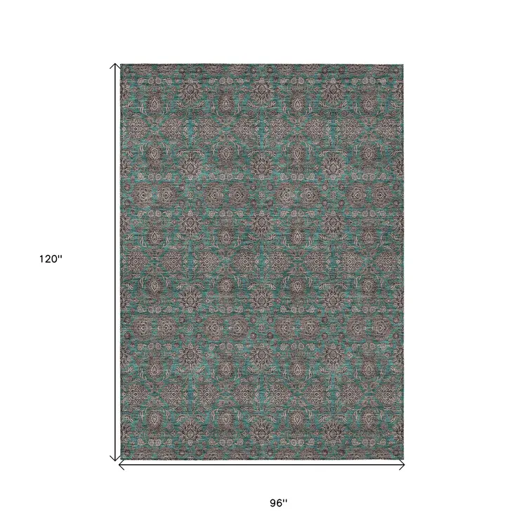 8' X 10' Teal Blue Beige And Taupe Floral Washable Indoor Outdoor Area Rug