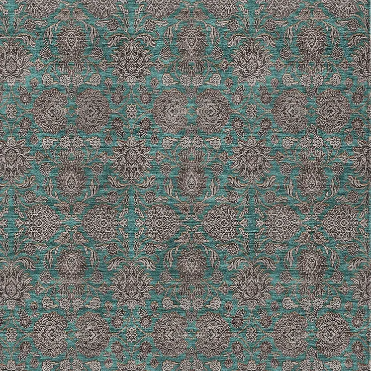 8' X 10' Teal Blue Beige And Taupe Floral Washable Indoor Outdoor Area Rug