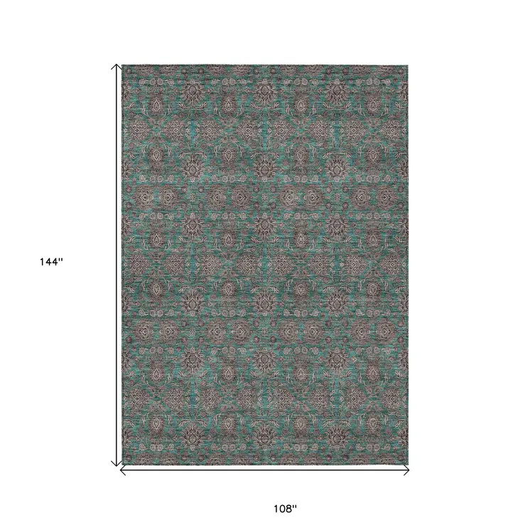 9' X 12' Teal Blue Beige And Taupe Floral Washable Indoor Outdoor Area Rug