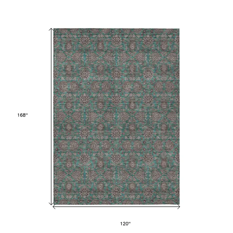 10' X 14' Teal Blue Beige And Taupe Floral Washable Indoor Outdoor Area Rug