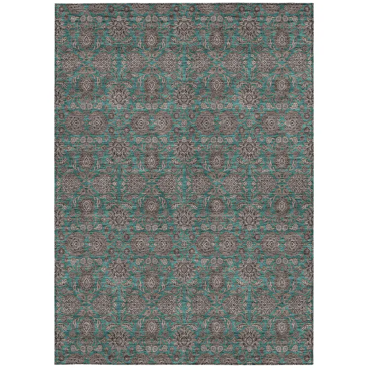 10' X 14' Teal Blue Beige And Taupe Floral Washable Indoor Outdoor Area Rug
