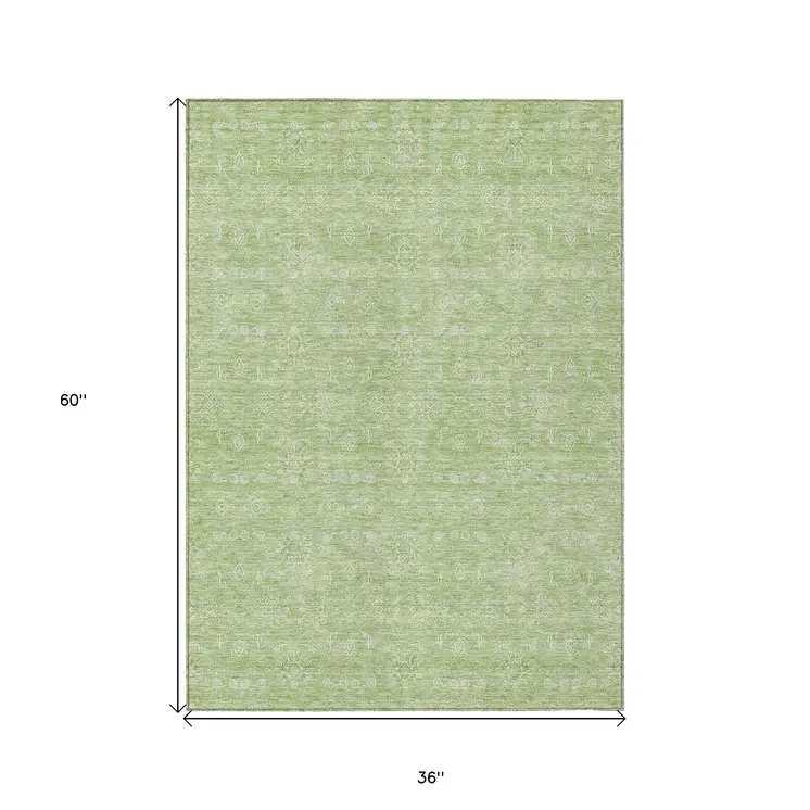 3' X 5' Artichoke Green Mint Green And Ivory Floral Washable Indoor Outdoor Area Rug