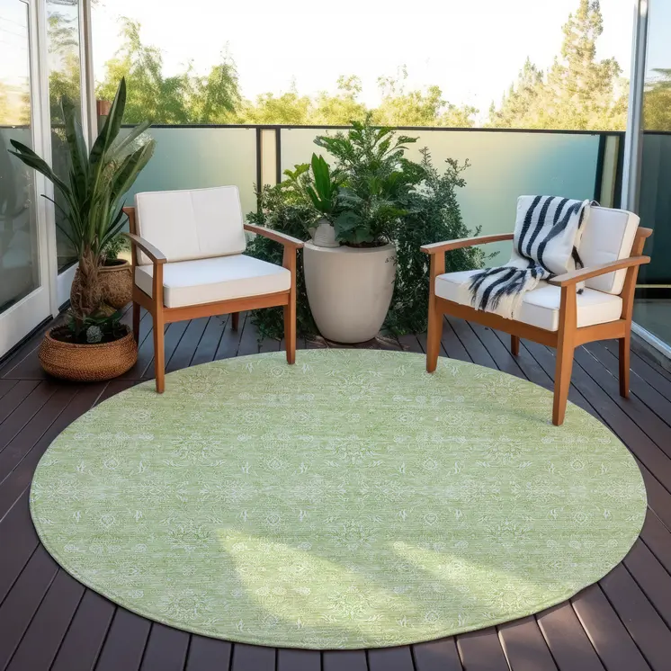 8' Artichoke Green Mint Green And Ivory Round Floral Washable Indoor Outdoor Area Rug