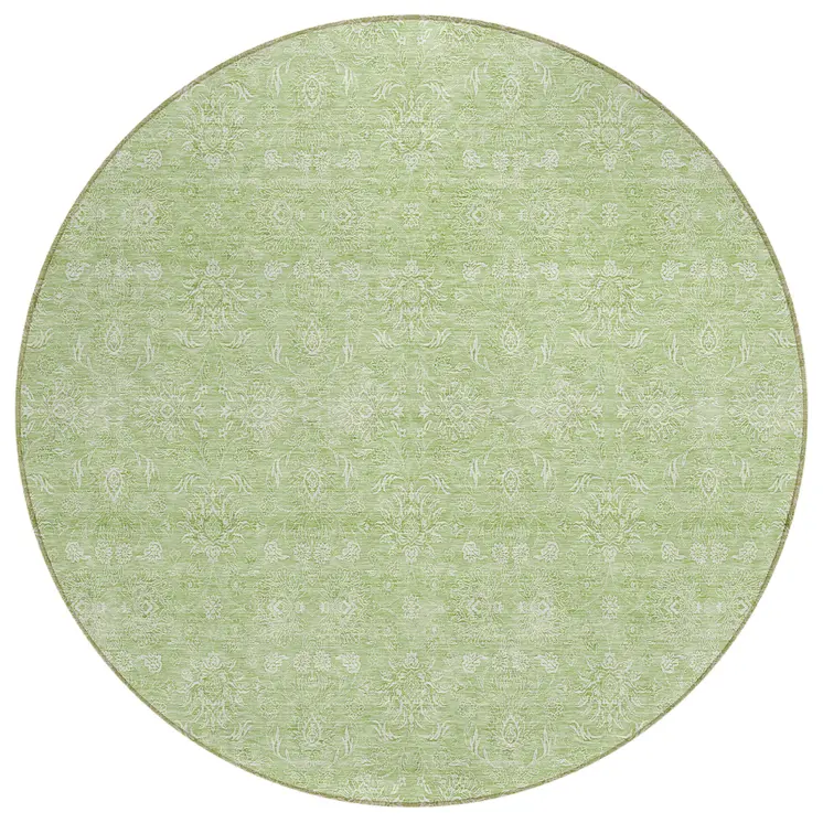 8' Artichoke Green Mint Green And Ivory Round Floral Washable Indoor Outdoor Area Rug